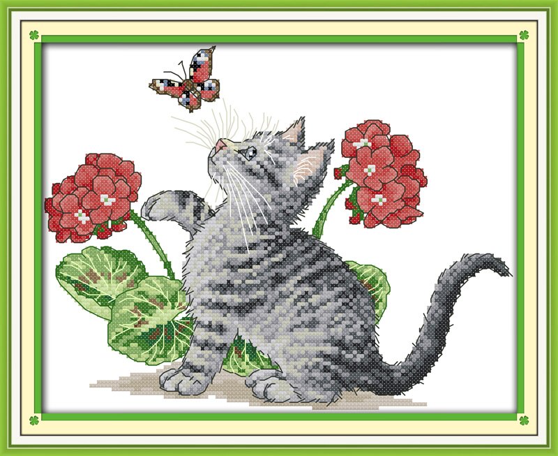 Baby kat spelen met vlinder borduurpakket 18ct 14ct 11ct count print canvas steken borduurwerk DIY handgemaakte handwerken plus