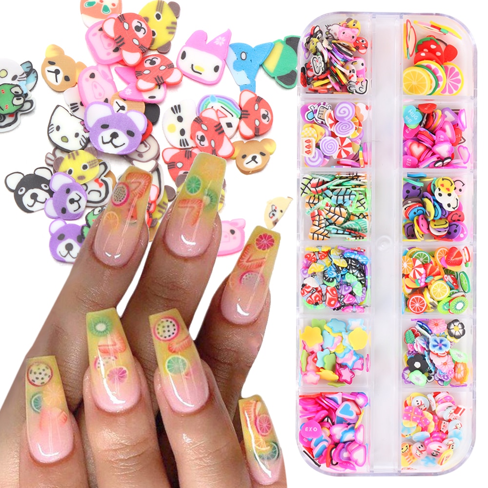 12 Desigs/Box Nail Fruit Plakjes Vlinder Decoratie Decal Paillette Zachte Polymer Klei Tips Cartoon Zomer Pailletten Nail Art acce