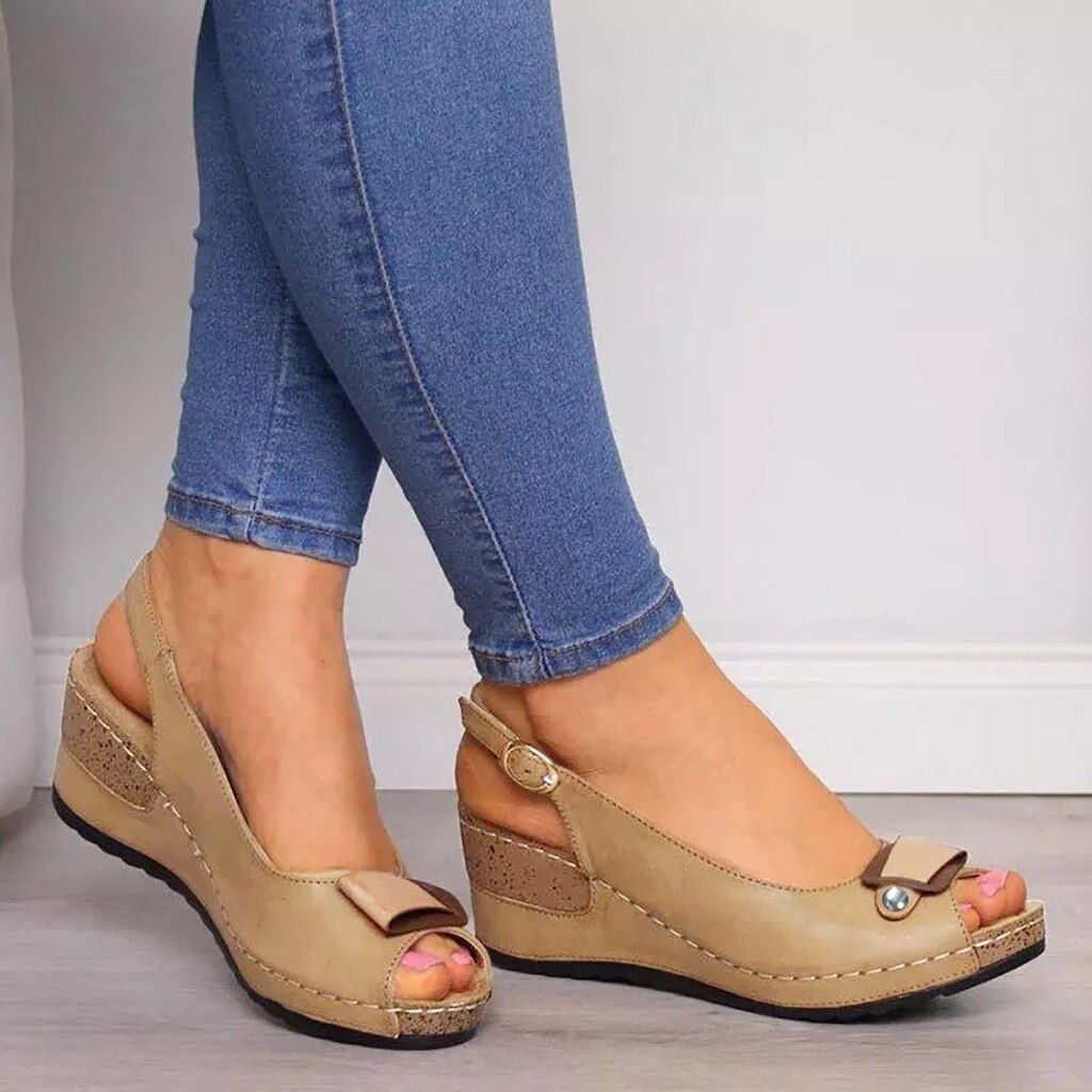 Rom casual sandaler kvinder kiler sandaler pumps ankel spænde åben tå fisk mund med sommer kvinder sko kiler sko