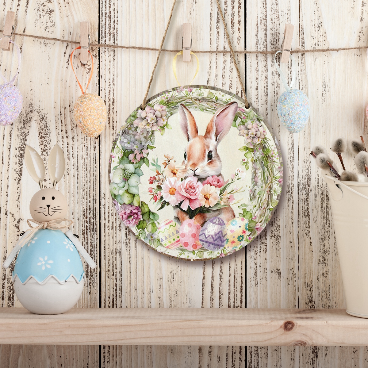 Targa Decorativa In Legno A Forma Di Uovo Di Pasqua – Ornamento Murale Con Coniglietto, Per Interni Ed Esterni, Decorazione Primaverile