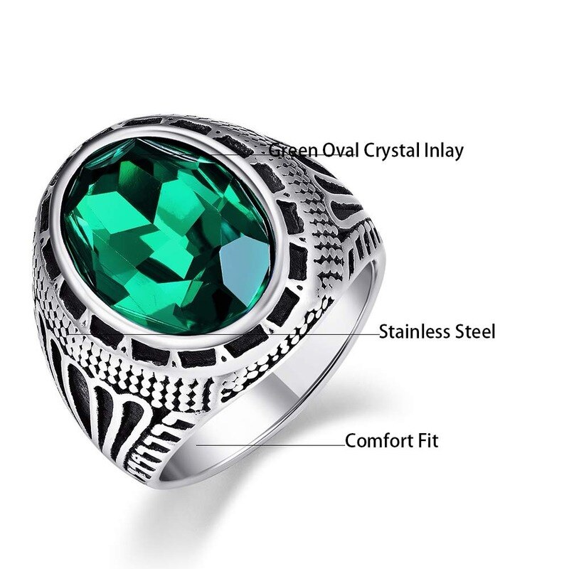 Ethic Men's Ring Vintage Stainless Steel Ring Blue Green Red Crystal Inlay Totem Wedding Band Anniversary Birthday Ring Anillos