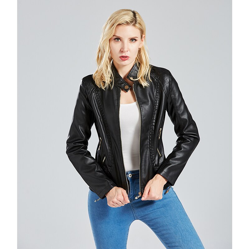 Women's Spring And Autumn Jacket Slim Black Short Currently Available Stand Collar Female Fitness PU Leather Coat Cool Girl