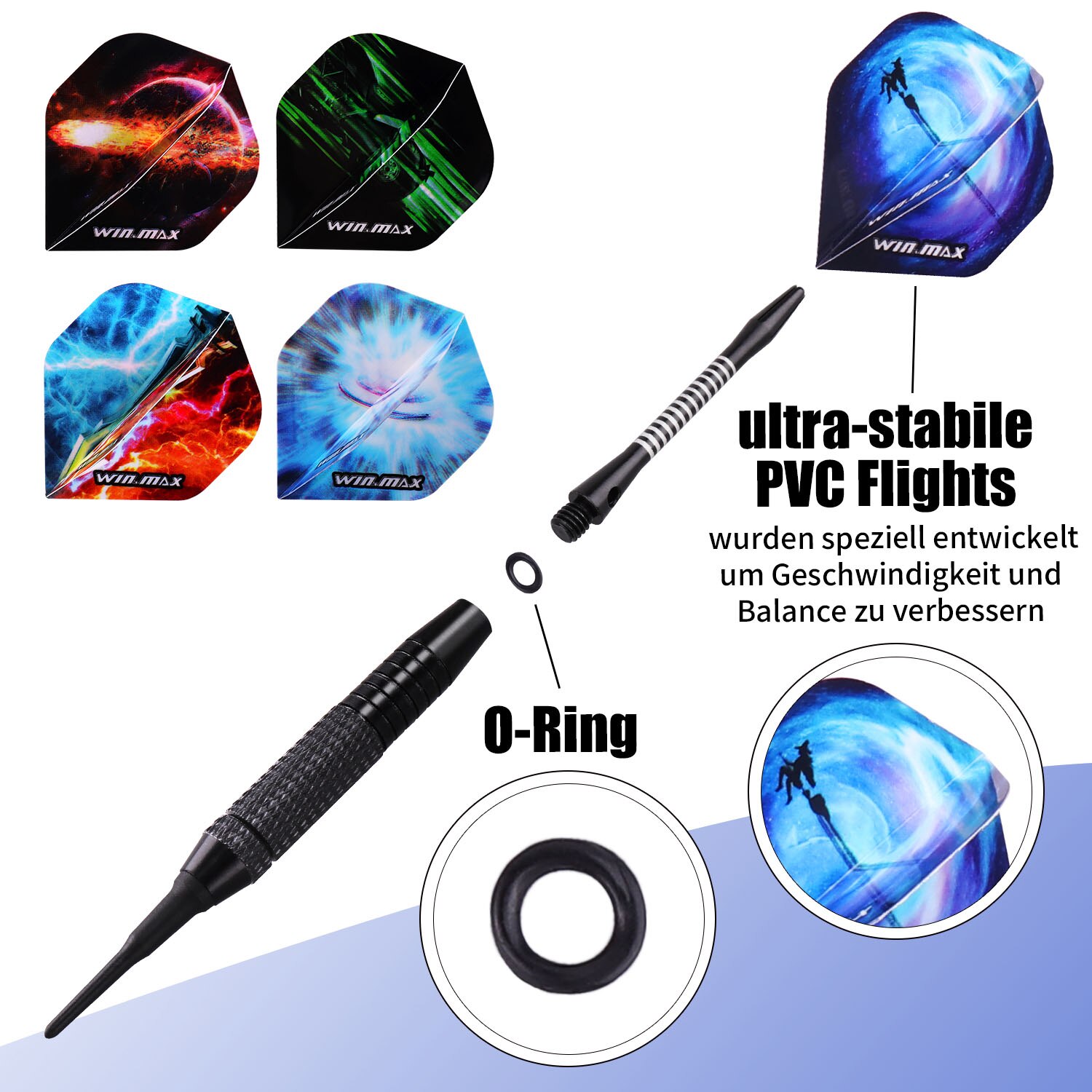 WINMAX 12 Pcs Darts Flights Set 18g Soft Tip For Electronic Dart Board Aluminium Shafts 100 Dart-Head 20 Anti-Loose Rubber Rings