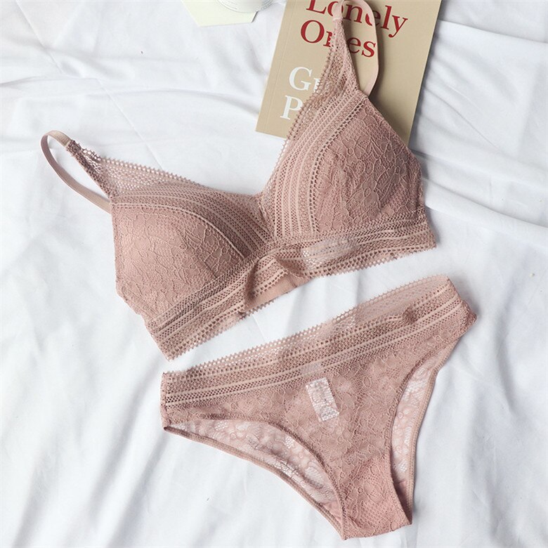 Neue Frauen 4 Farbe Unterwäsche Französisch Draht-Freies Ultra-dünne Bralette sexy Spitze Dreieck Tasse drücken-hoch Bh einstellen Baumwolle Bh und Höschen: Rosa / S 70A 70B 70C 75A