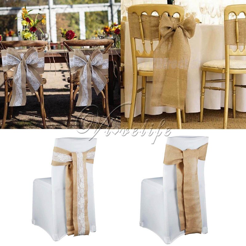 6 ''  x 94 '' handgemaakte jute jute kant stoel strik stoel sjerp feest bruids babyshower rustiek bruiloft decor