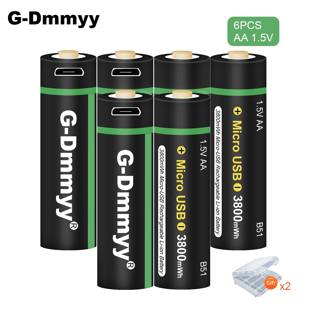 1.5V AA Rechargeable Battery 3800mWh USB Rechargeable Lithium Li-ion Polymer Battery Quick Charging by Micro USB Cable: 6pcs aa 1.5v