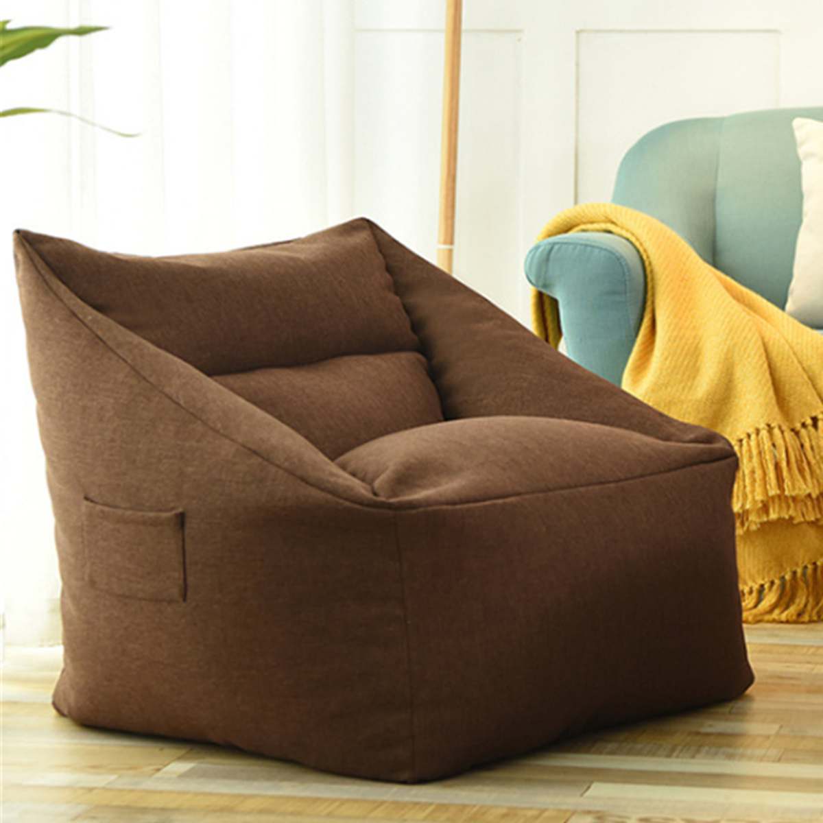 Lazy Sofa Cover Chairs No Padding Cotton Linen Waterproof Armrests Recliner Cover Bean Bag Poncho Sofa Tatami Living Room: Brown