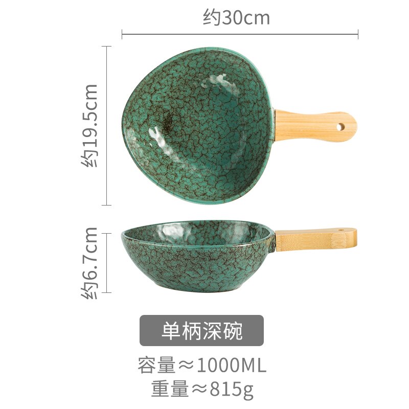 Retro Ceramic Dinner Plate with Wooden Handle Deep Dish Personality Household Restaurant Suchi Plate Ceramic Salad Bowl: f