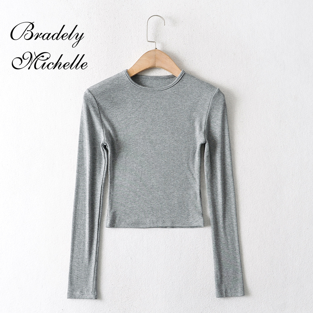 O-hals ensfarvede kvinder langærmede korte toppe sexet pullover bundbluser t-shirt crop top