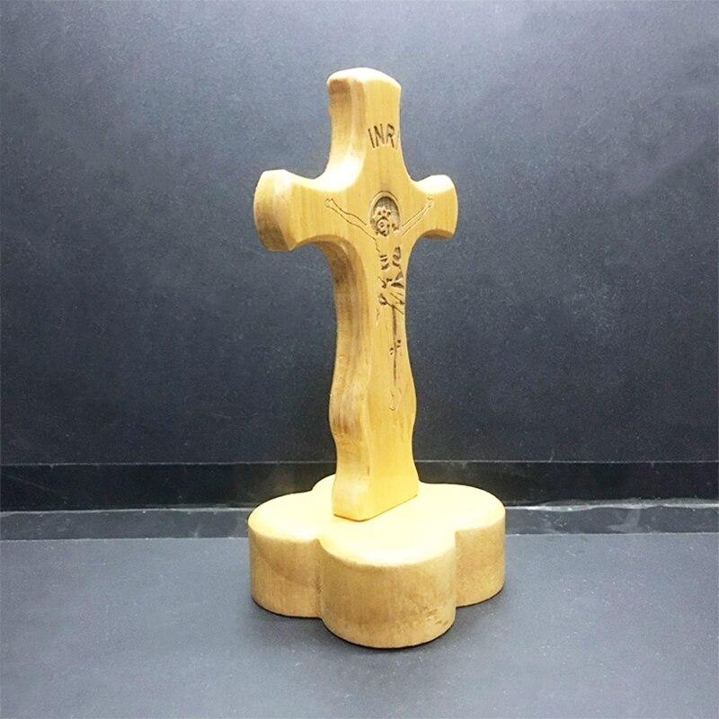 Carving Jezus Houten Voetstuk Cross Tafel Altaar Kerk Decor Religieuze Gunst Staande Kruisbeeld Met Base 4.7x2.5in