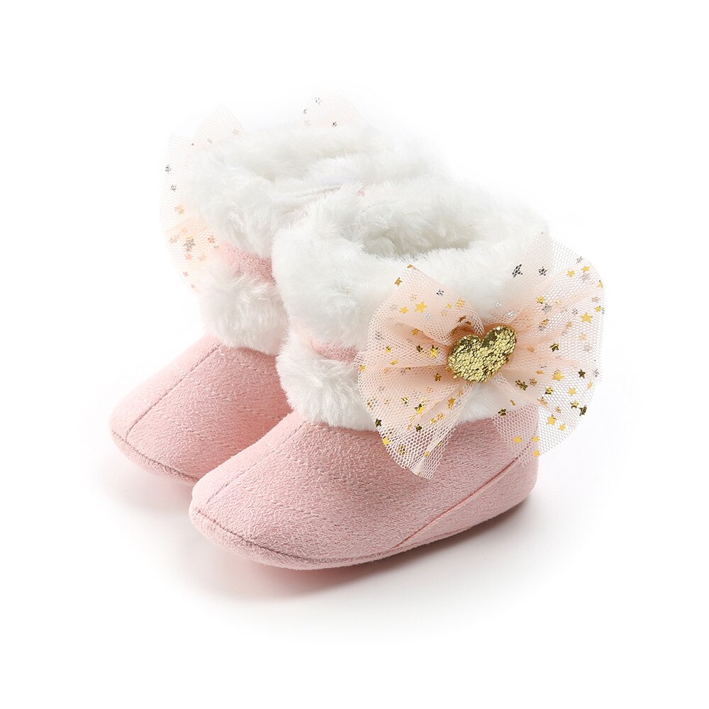 Bottes de neige bébé fille flambant neuf, semelle souple anti-dérapant doublure en fausse fourrure bottines avec mignon Tulle nœud hiver: A / 7-12 mois