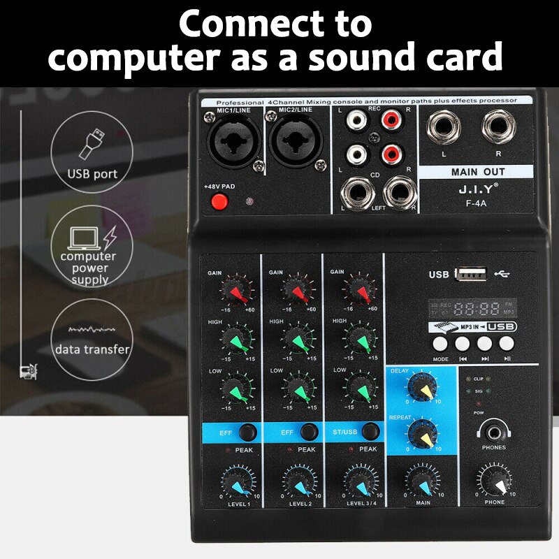 Carte son mélangeur Audio, amplificateur, Console à 4 canaux, Mini USB, Bluetooth, enregistrement fantôme pour DJ, création