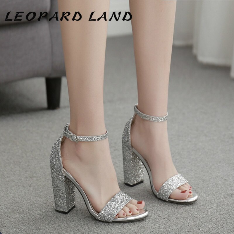 LEOPARD LAND Summer Word with Thick Heel Buckle Women's Shoes Silver Sequin Hollow High-heeled Sandals Women ZL
