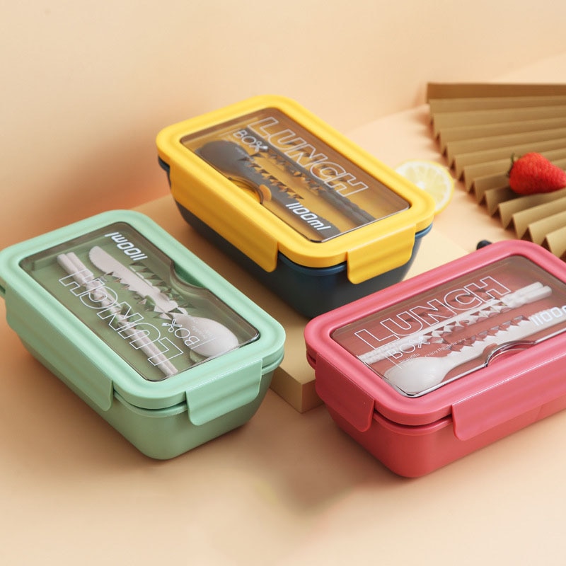 2020New Microwave Lunch Box with Compartments Portable Bento Box Japanese Style Leakproof Food Container for Kids with Tableware