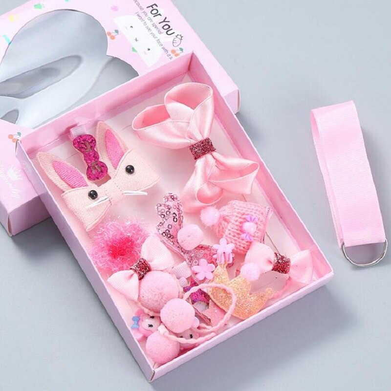18 st baby hårklämma söt tecknad glitter kanin prinsessa krona hårspänne huvudbonad band rosett hårnålar blomma håraccessoarer: Rosa-låda