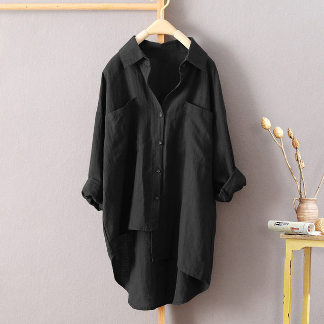2025 Primavera Verano ropa de calle camisa holgada de Color sólido ropa de mujer bolsillos combinables blusa coreana de un solo pecho: 4XL / Negro