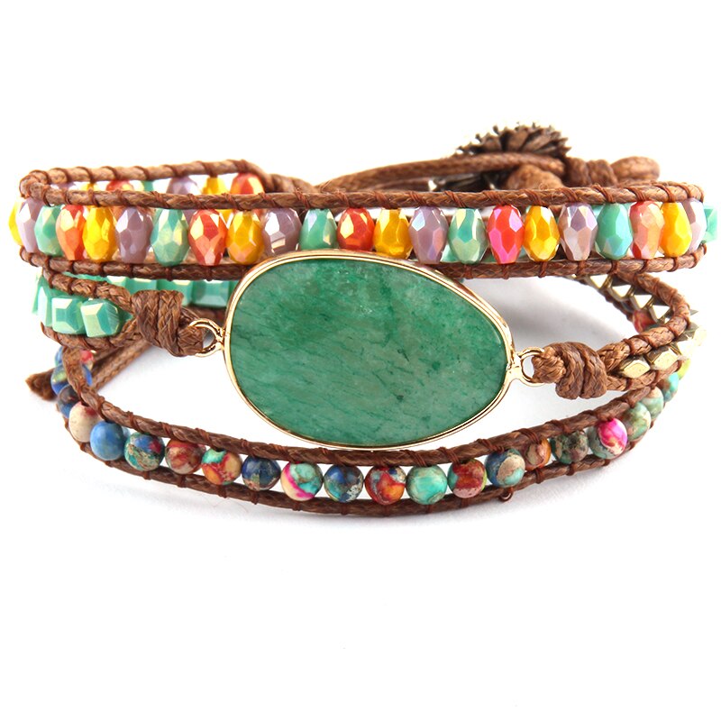 Rh Mode Kralen Armbander Groen/Paars Natuurlijke Stenen Charm 3 Strengen Lederen Wrap Armbanden