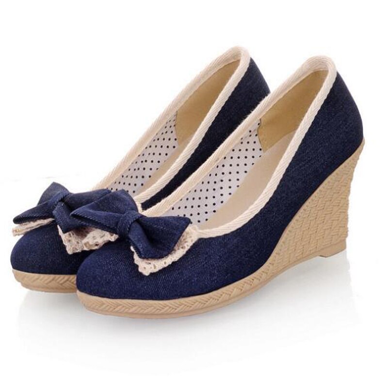 Covoyyar denim sød sløjfe kvinder pumps forår sommer wedges dame høje hæle rund tå casual lavvandede sko slip on whh 618: Marine blå / 5