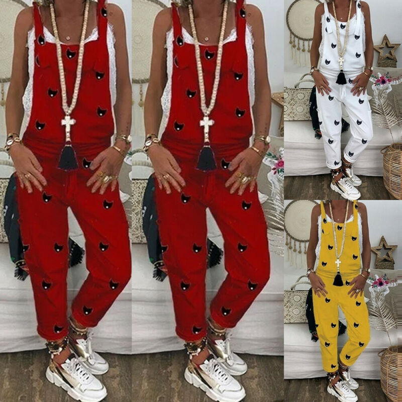 3 farver seneste ankomne kvinders afslappet printet strappy baggy løs jumpsuit kvindelig sommer ærmeløs harem lang playsuit s -2xl