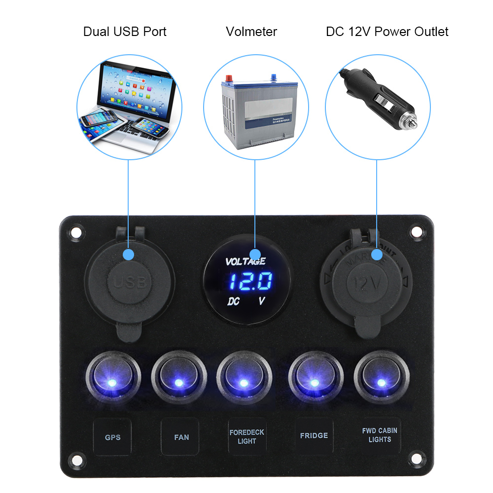 Car Marine Boat LED Rocker Switch Panel Digital Voltmeter Dual USB Port 12V Outlet Combination Waterproof