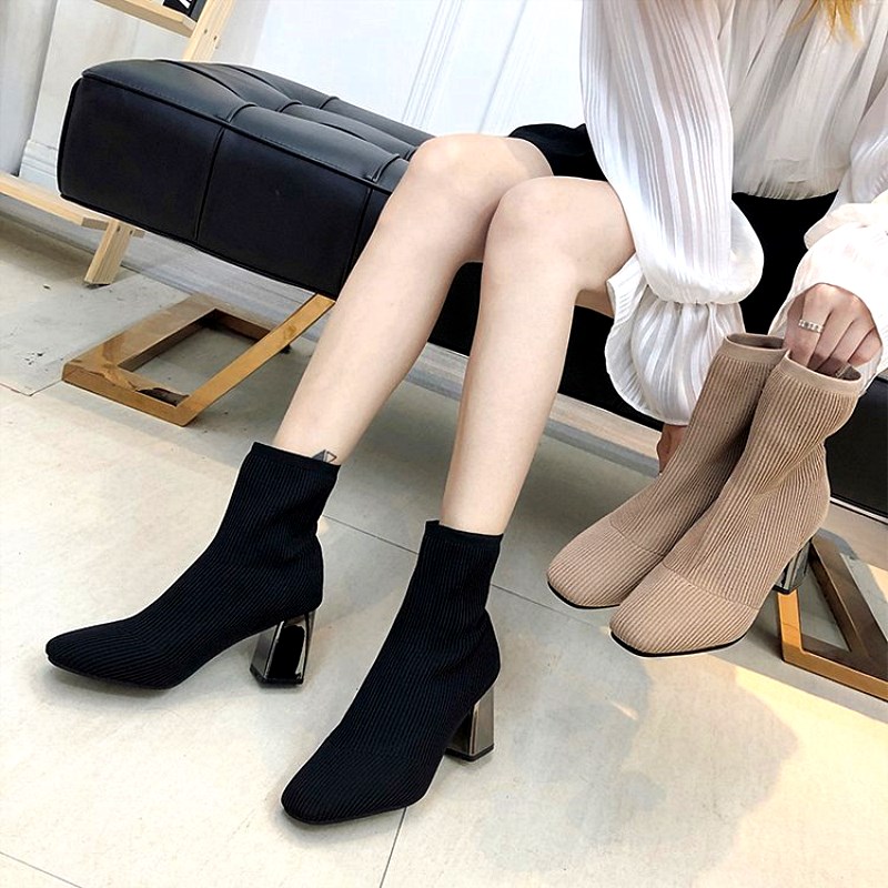 EOEODOIT Herbst Karree Stiefel Socke Schuhe Unterhose Auf Hohe Quadratische Ferse Frauen Pumpen Schuhe strecken Stoff