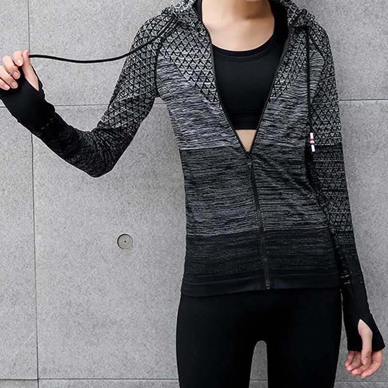 Kvinders udendørs fitness top sports skjorte kvinders løbejakke hættetrøje yoga jakke lynlås: Sort grå / M