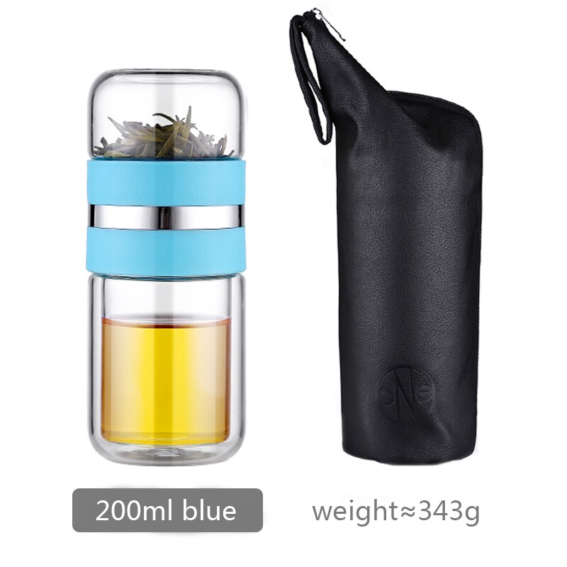 Botella de agua de 200ML tipo comercial, botella de vidrio con filtro Infusor de té de acero inoxidable, vidrio de doble pared, de artículos: blue 200ml