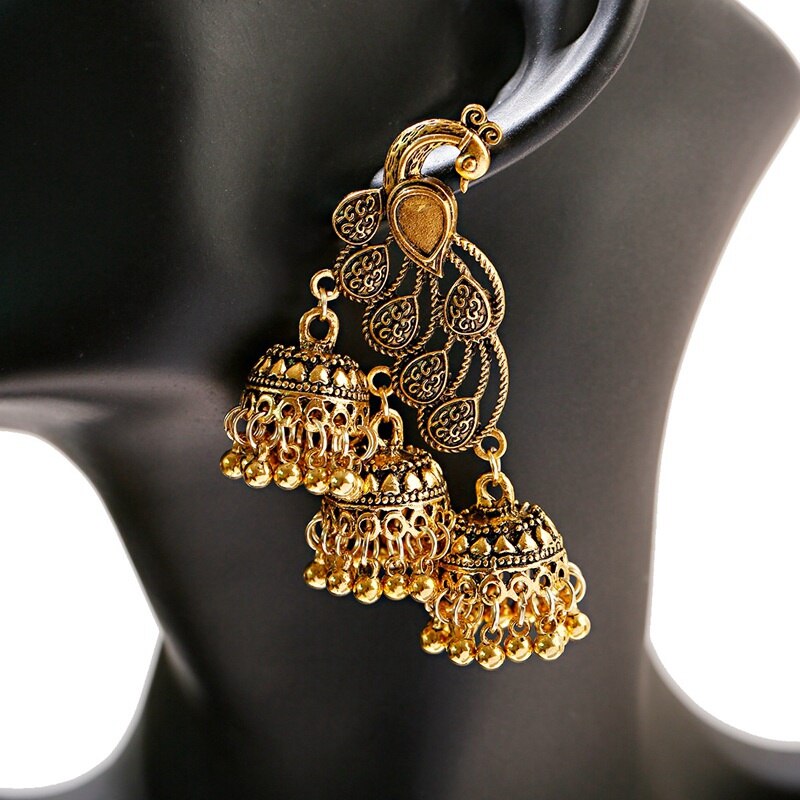 Retro Bollywood Geoxideerd Gypsy Sieraden Vrouwen Etnische Gold Afghaanse Birdcage Lange Keten Kwastje Pauw Gesneden Jhumka Indiase Oorbellen