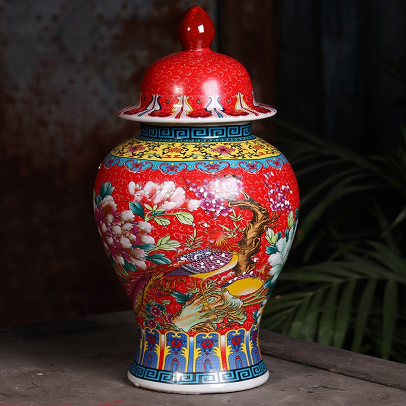 China Decorative Porcelain Ginger Jar Red Flower And Bird Retro Palace Style Vases Home Dec Table Centerpieces Wedding: 1