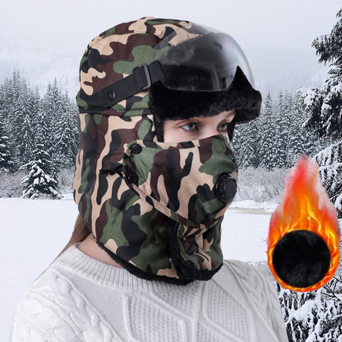 Unisex winter bomber hoed russisch leger masker zonnebril hoed dikke warme outdoor bomber waterdichte leifeng hoed: E778906