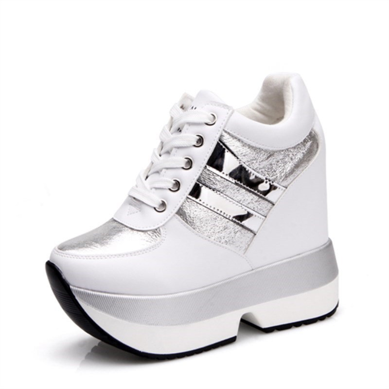Herfst dames hoge platform schoenen hoogte verhogende casual schoenen 12 cm dikke zool sneakers ademende schoenen dames sneakers: Wit / 6.5