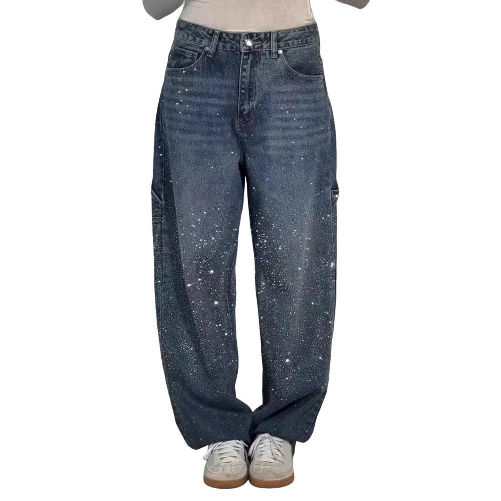 Elegante jeans med rhinsten kvinder løse lommer alsidige lynlås lav talje lige denimbukser kvinde forår dame streetwear: Xl / Grøn