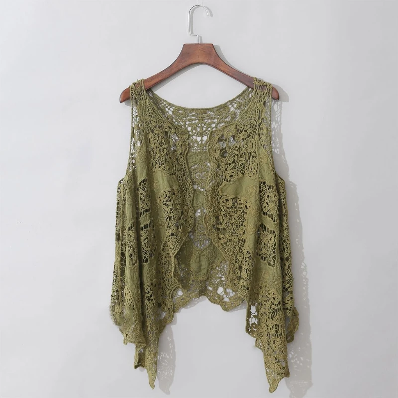 Mulheres sem mangas frente aberta cardigan boho oco crochê renda drape assimétrico bainha hippie xale colete de cor sólida