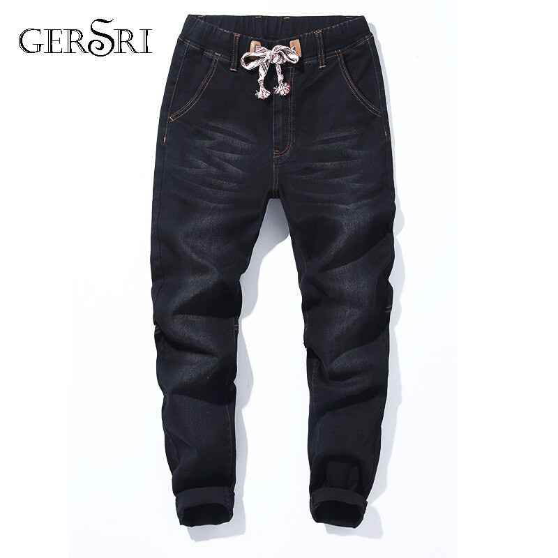 Gersri løs snor herre jeans komfortable haremsbukser til mænd plus størrelse 6xl 7xl fede jeans trendy bukser sort
