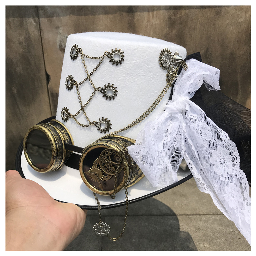 Kobiety retro Wykonany ręcznie Steampunk cylinder z okularami zębatymi i koronką etap magiczny kapelusz wydajność kapelusz biały rozmiar 57CM Steampunk kapelusz