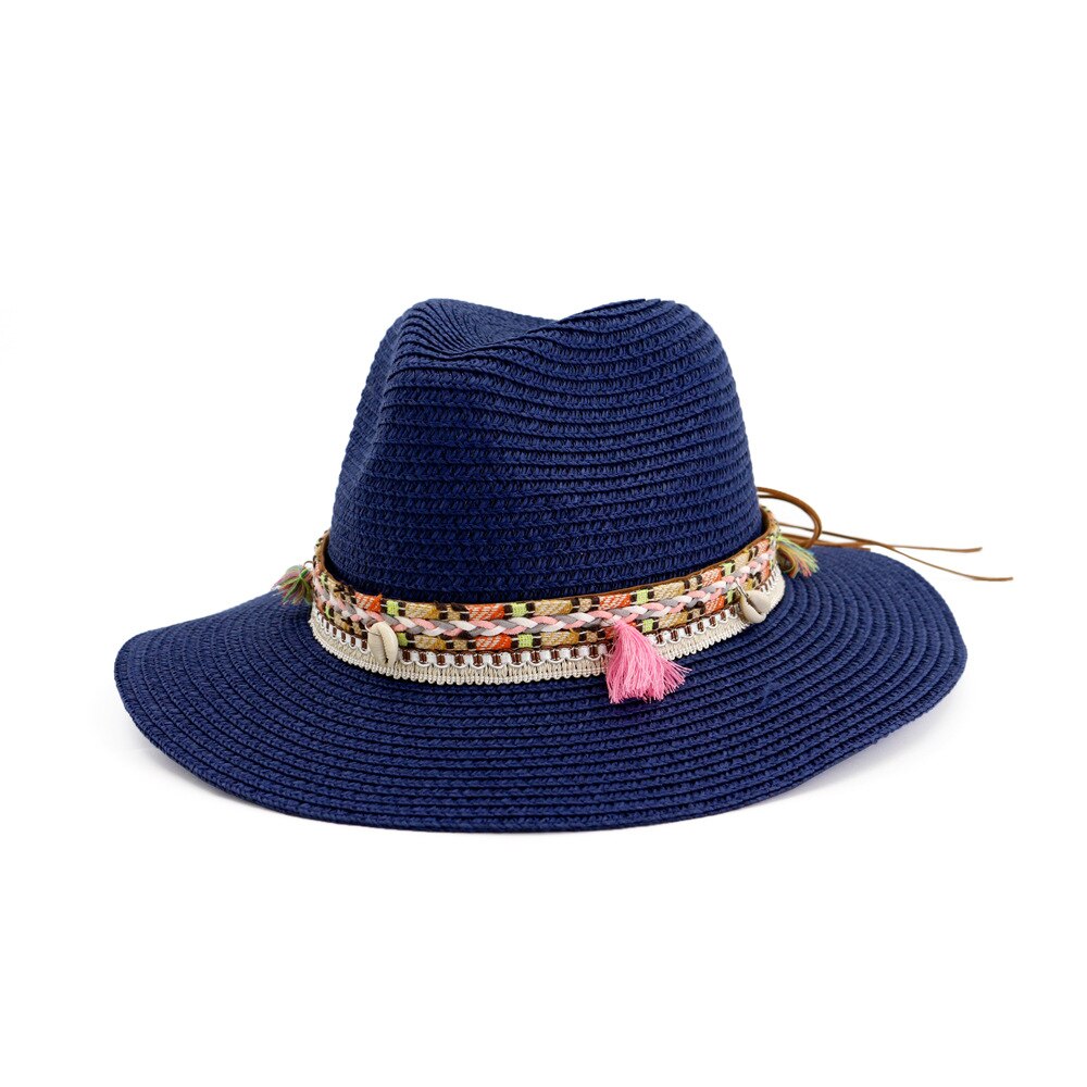 Hoaree strå solhatt vit panama hatt strand dam sommar kepsar sombrero kvinnlig fedora casual dam chapeau: Blå