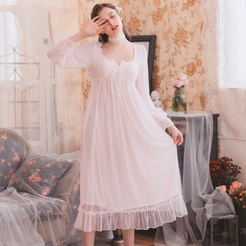 Romantic Nightgown Woman Autumn Lace Long Dress Sleepwear Woman Long Sleeve Nightgowns Night Gown