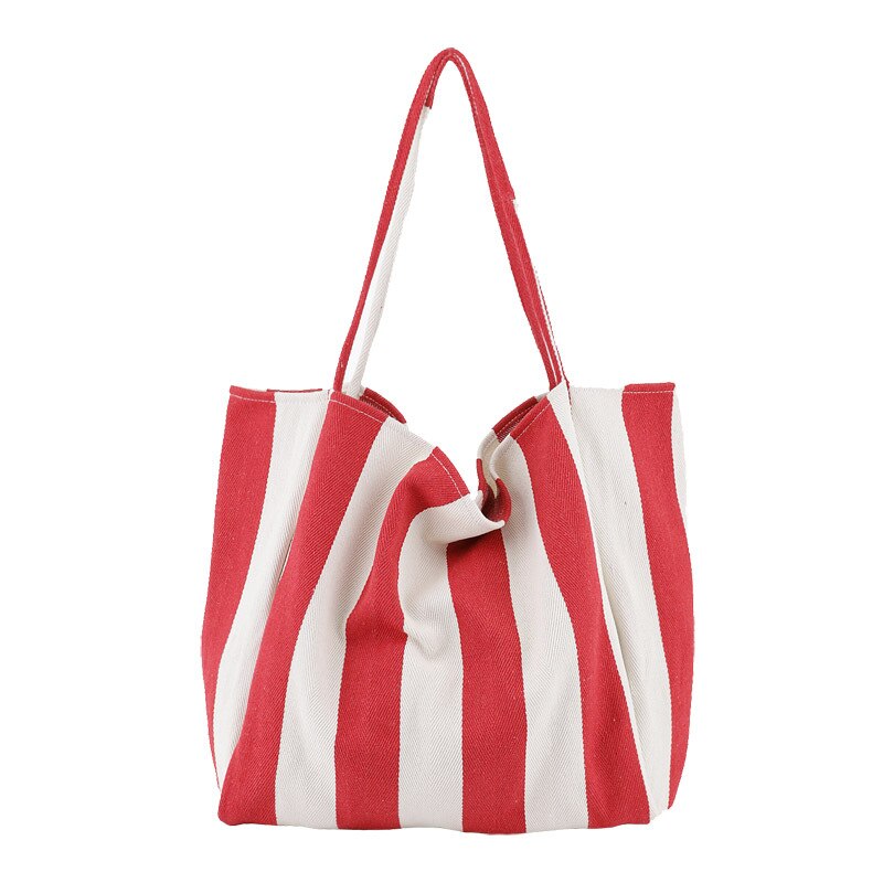 Bolso de compras grande de lona para mujer bolso de mano reutilizable de tela a rayas de bolso de hombro de ocio bolso de comprador ecológico de gran capacidad: wide strip red