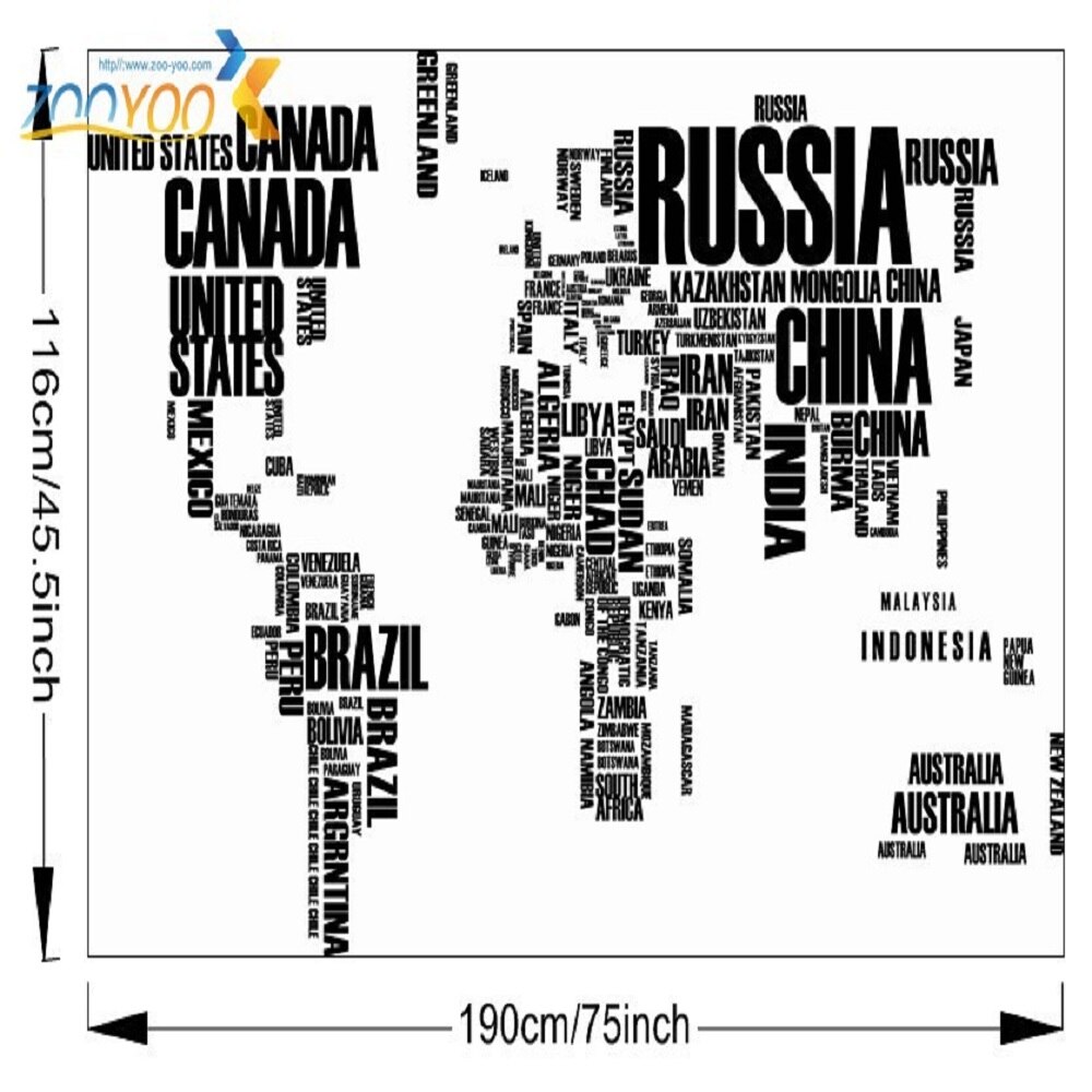 60*90*2 large World Map Wall Stickers Original letters map wall Art bedroom home decorations wall decals