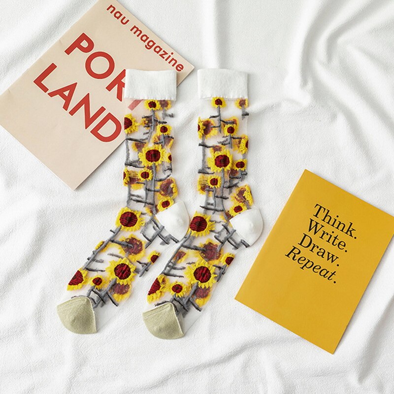 Creatieve Grappige Zonnebloemen Harajuku Product Kristal Zijde Tij Socksvines Bloemen Gelukkige Vrouwen Sokken Casual Sox
