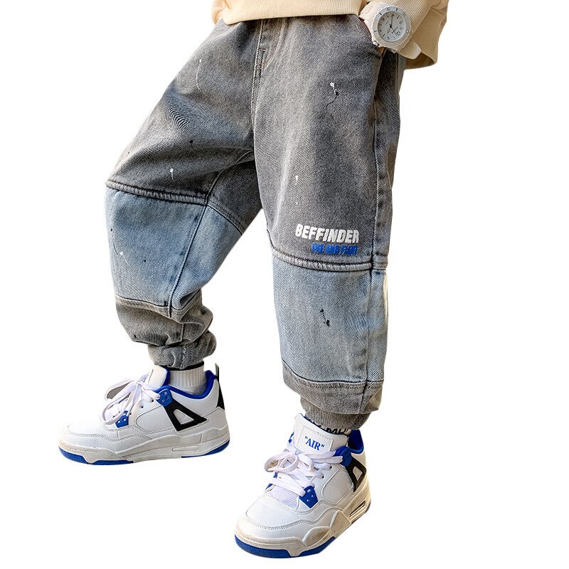 Spring Boys Patchwork Jeans Kids Casual Sport Denim Pants Children Handsome English Alphabet Print Trousers Teen Clothes