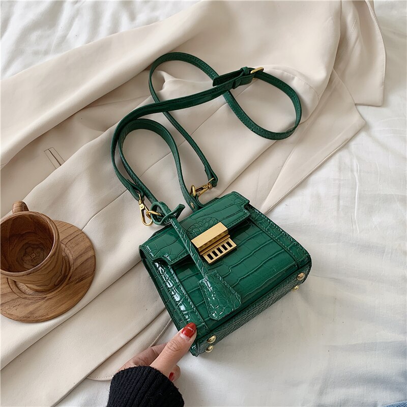 Mini PU Leather Crossbody Bags For Women Summer Stone Pattern Shoulder Simple Handbag Female Tote Handbags: Green