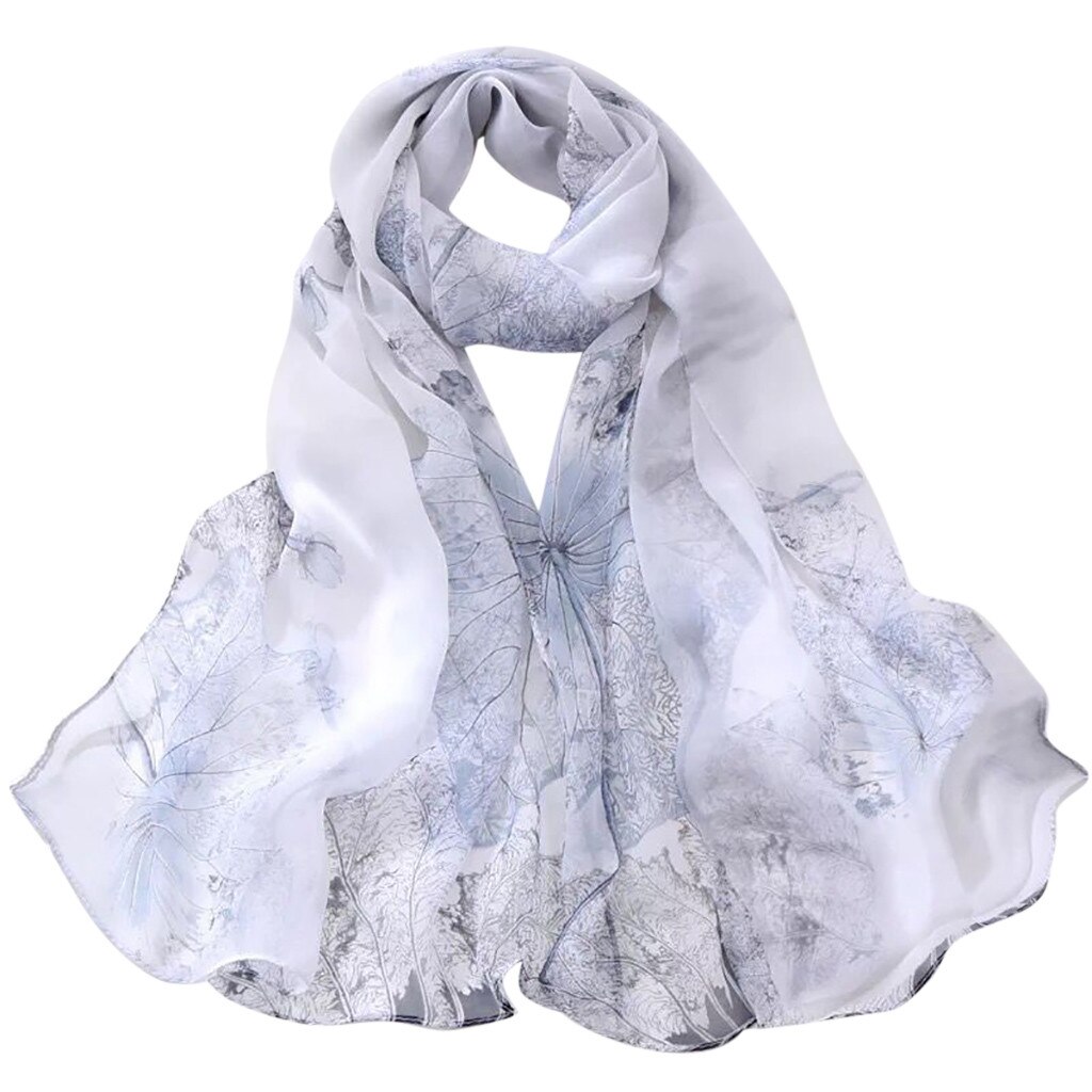 Bufandas de seda para mujer, chal largo y suave con estampado de loto, chal de gasa para playa y verano: White 