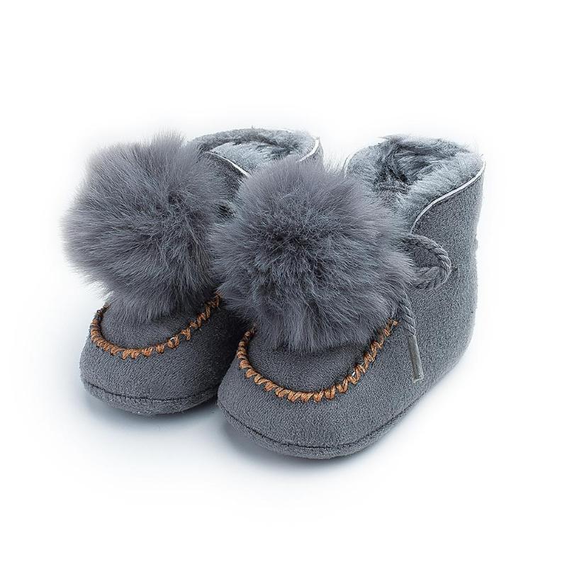 Thicken Baby Boots Lace-Up Lovely Pompon Non-slip Snow Prewalker Soft Coral Fleece Toddler Solid Color Winter Warm Shoes: Gray / 12