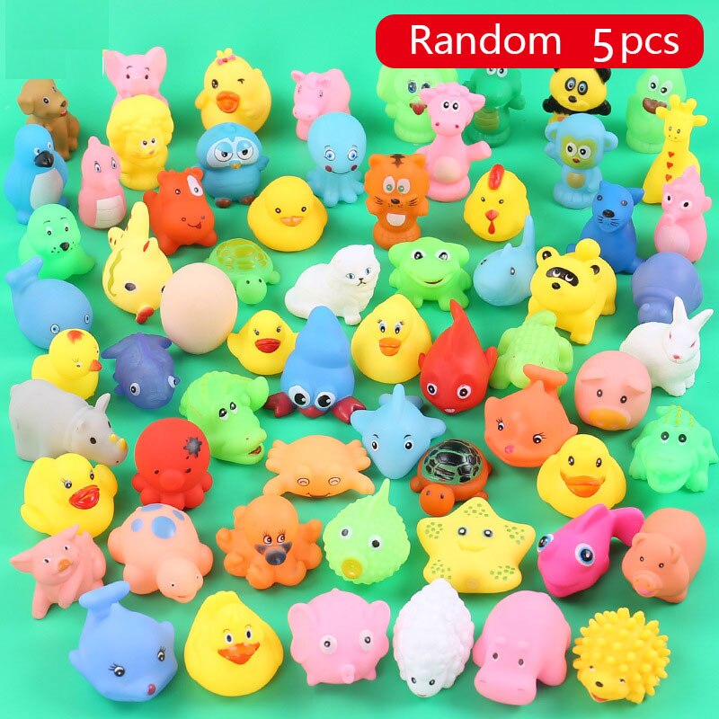 Cute Bath Toys Animals Swimming Water Toy Colorful Soft Floating Rubber Duck Squeeze Sound Squeaky Bathing Toy For Baby Bath: Random 5PCS