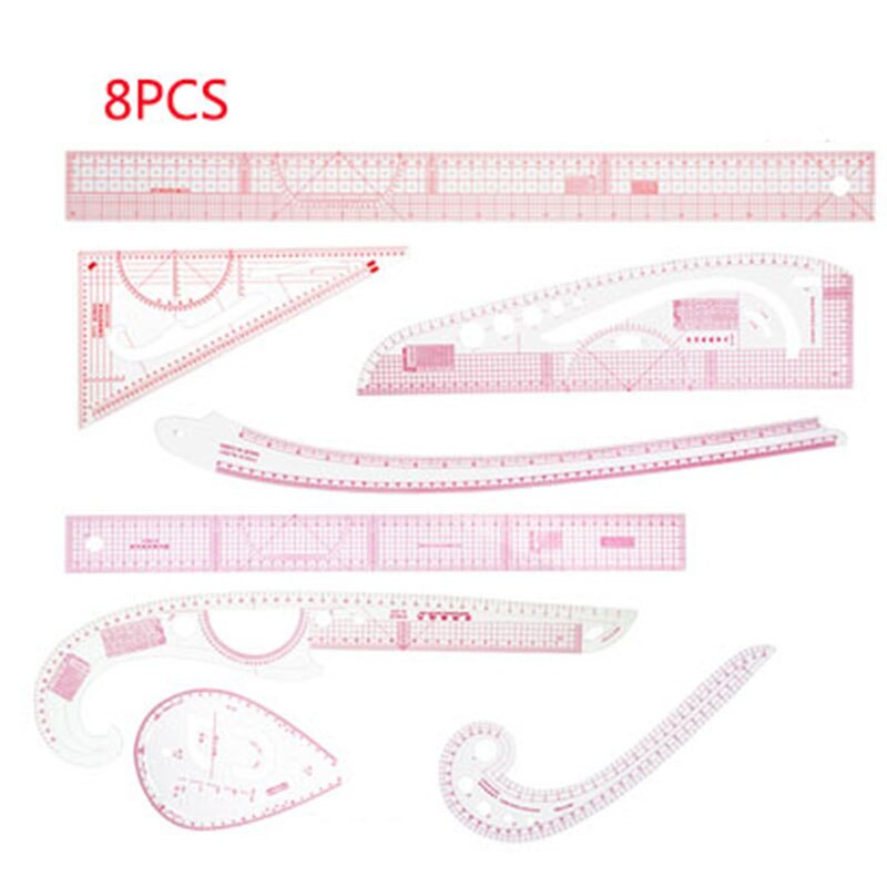 Fransk kurve sysett sy linjal multifunksjonell syverktøy kutte linjal klær prøve metrisk målestokk: 8 stk sett