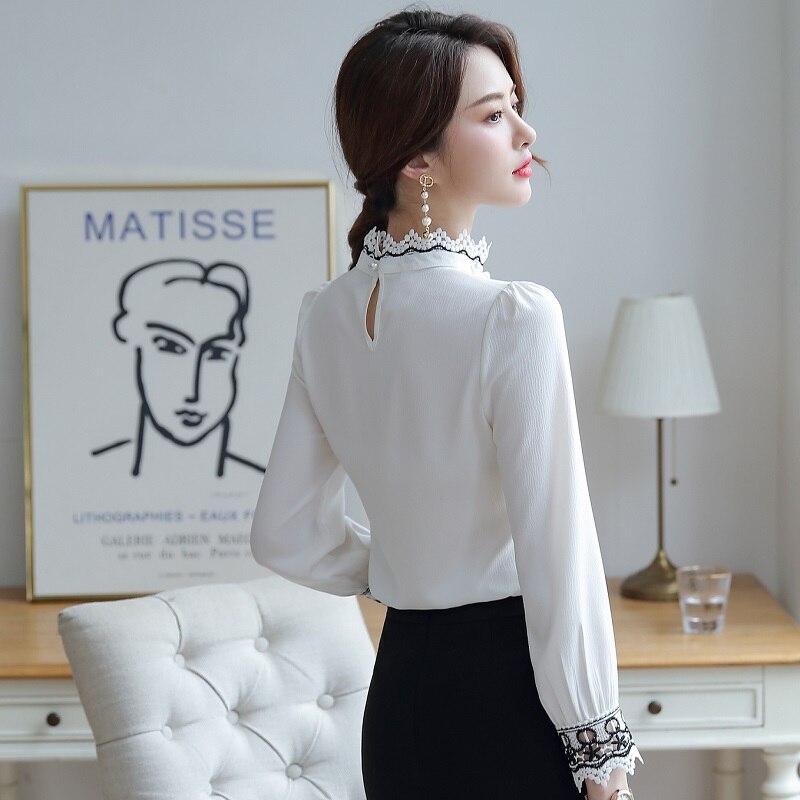 Women shirt Slim autumn Long sleeve Standing collar splice OL Formal Blouses & Shirts Woman 6515