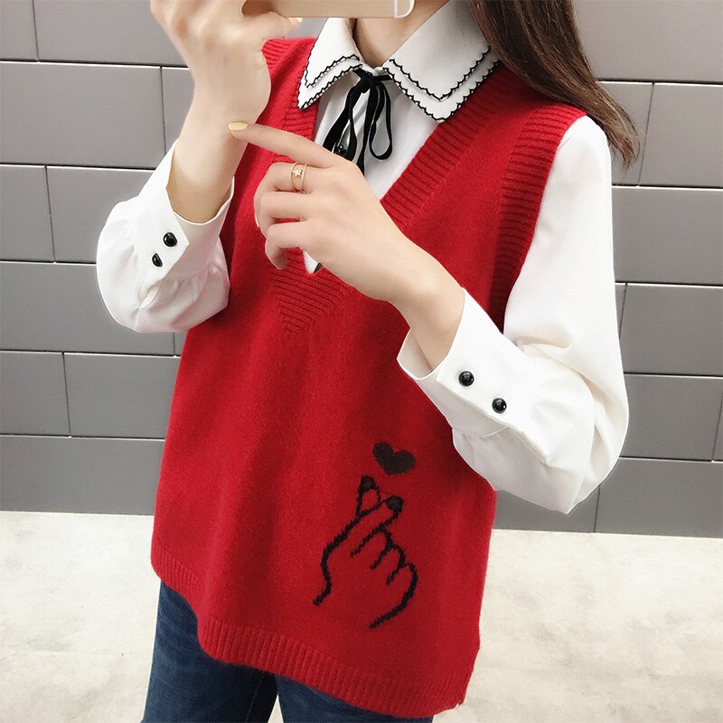 Vesten dames los vrijetijdskleding print eenvoudig all-match trendy studenten dames snoepkleur koreaanse stijl warm v-hals mouwloos gebreid: Rood / M