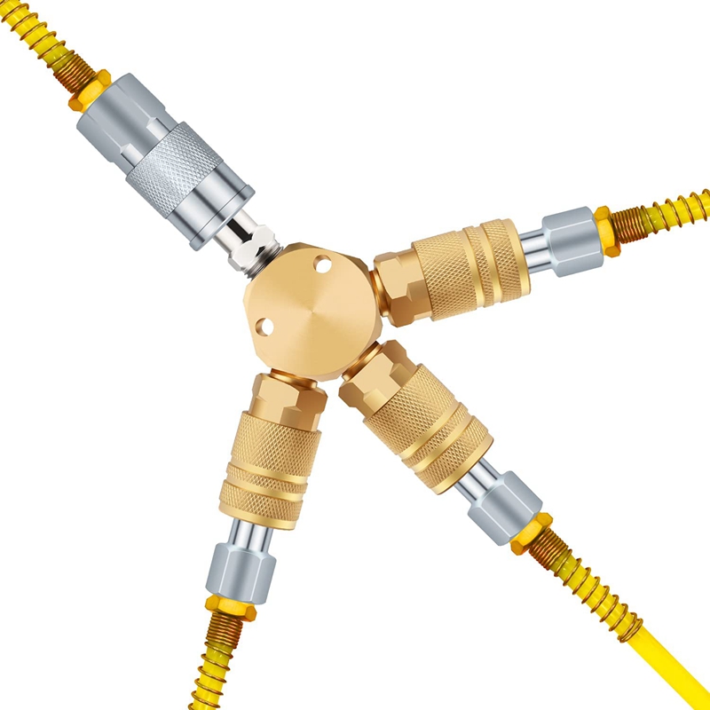 Air Splitter, 3-Way Air Manifold with 3 Pieces Brass Industrial Coupler and 1/4Inch Male NPT Plug, Quick Connect Fitting