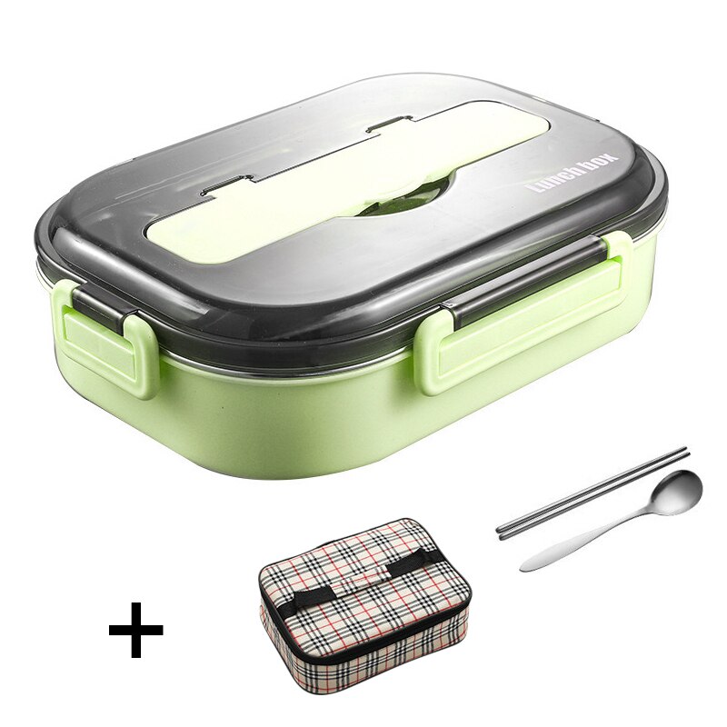 Portable Leakproof Lunch Box Compartments 304 Stainless Steel Lunchbox Office School Kids Bento Box with Spoon and Bag: 2 Grid Green 1L